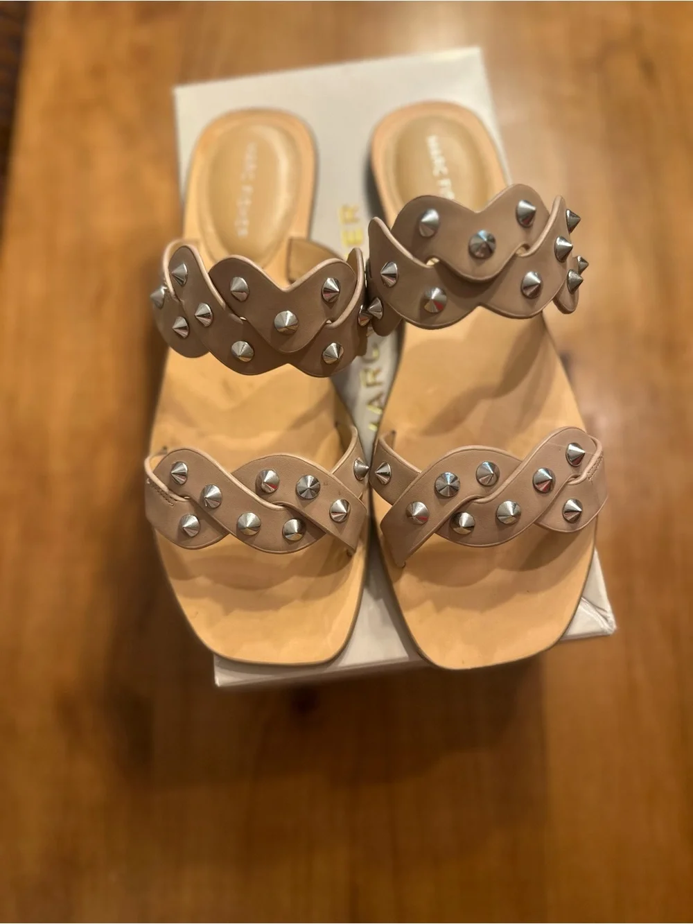 Marc Fisher Nude Studded Twist-Strap Slide Sandals
